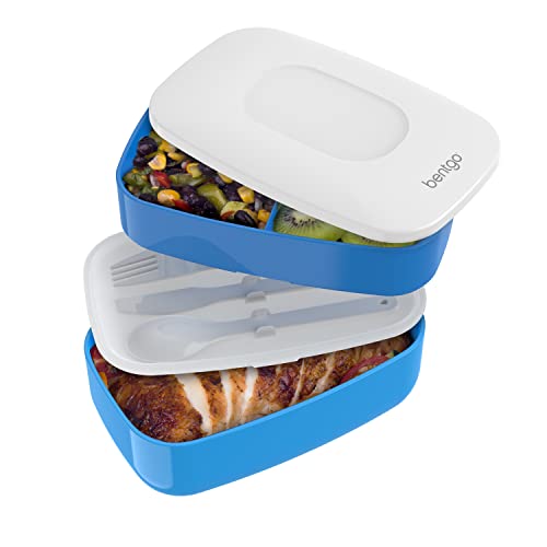 Bentgo Classic - All-in-One Stackable Bento Lunch Box Container - Modern Bento-Style Design Includes 2 Stackable Containers, Built-in Plastic Utensil Set, and Nylon Sealing Strap (Blue)