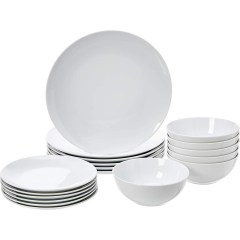 Amazon Basics 18-Piece Kitchen Dinnerware Set, White Porcelain